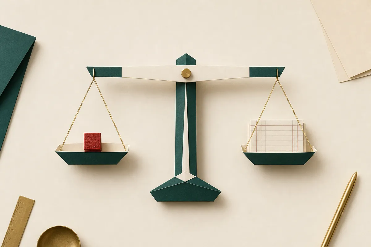 A paper balance scale with a red stamp on one pan and ruled forms on the other